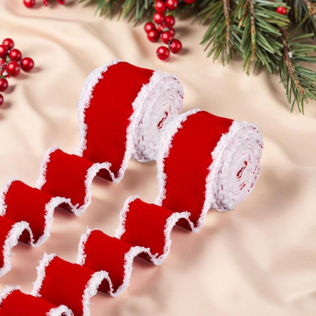 2 Roll Christmas RedVelvet Ribbon With White Tassel Edge DIY Bow Tie Wreath For Christmas Halloween Thanksgiving New Year