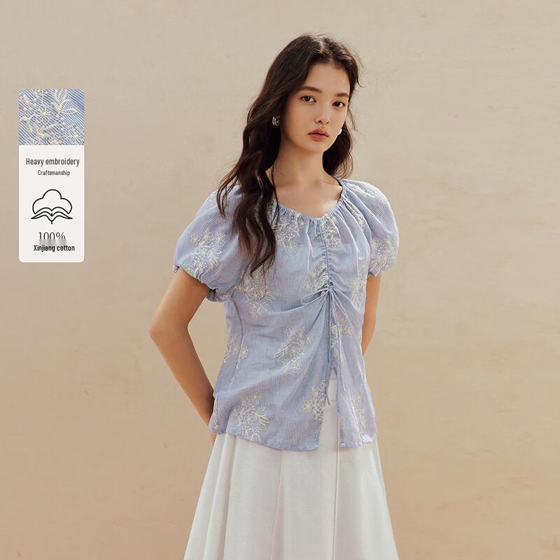 INMAN Women s French Stripe Embroidered V-Neck Tie Blouse S