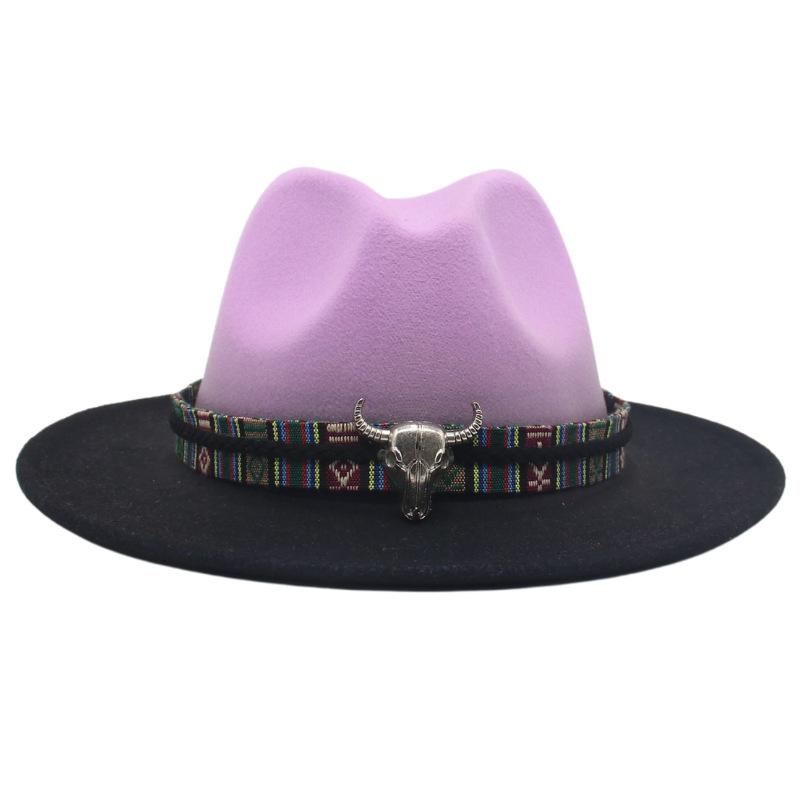 Trendy Tibetan Top Hat, Western Cowboy Hat, Bull Head Big Brim Woolen Felt Hat Gradual Change Color Spray Paint Two-Color Hat