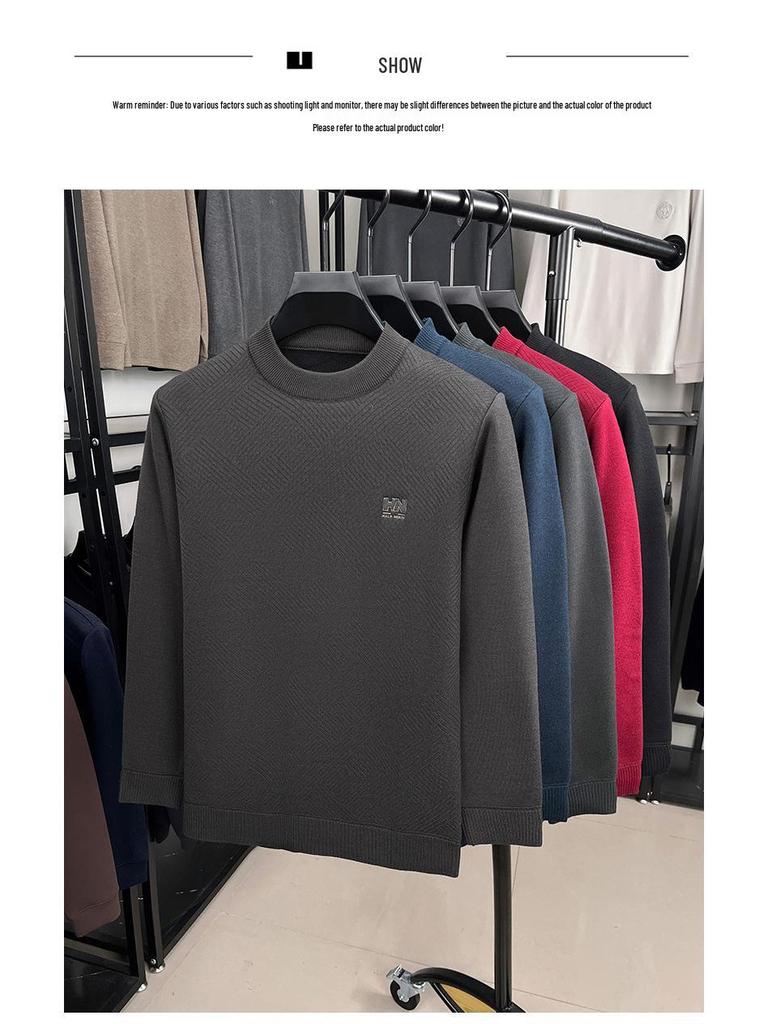Men's Thick Plush Fleece Knit Top - Round Neck, Warm Base Layer for Winter/Autumn