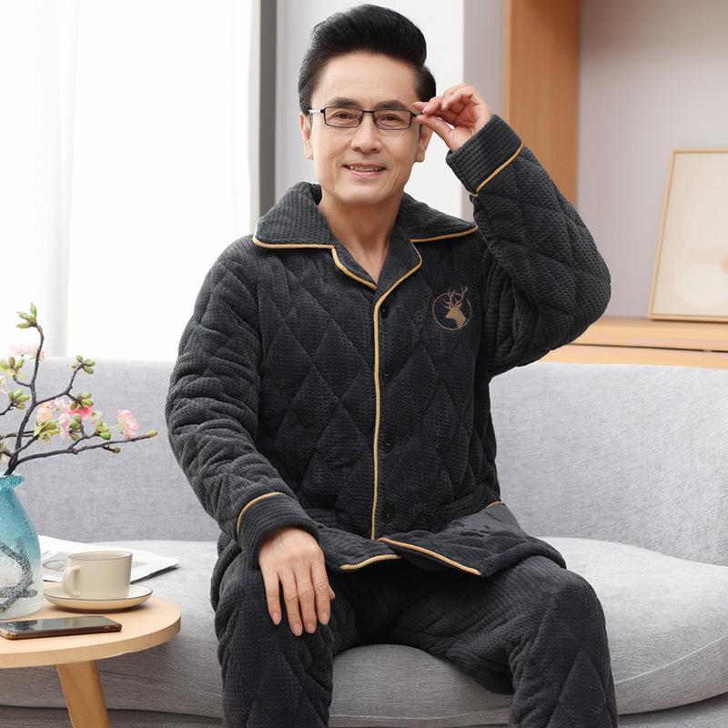 Winter Coral Fleece Men's Pajamas Three-layer Thick Quilted Middle-aged and Elderly Grandpa Flannel Home Service Padded Jacket Suit