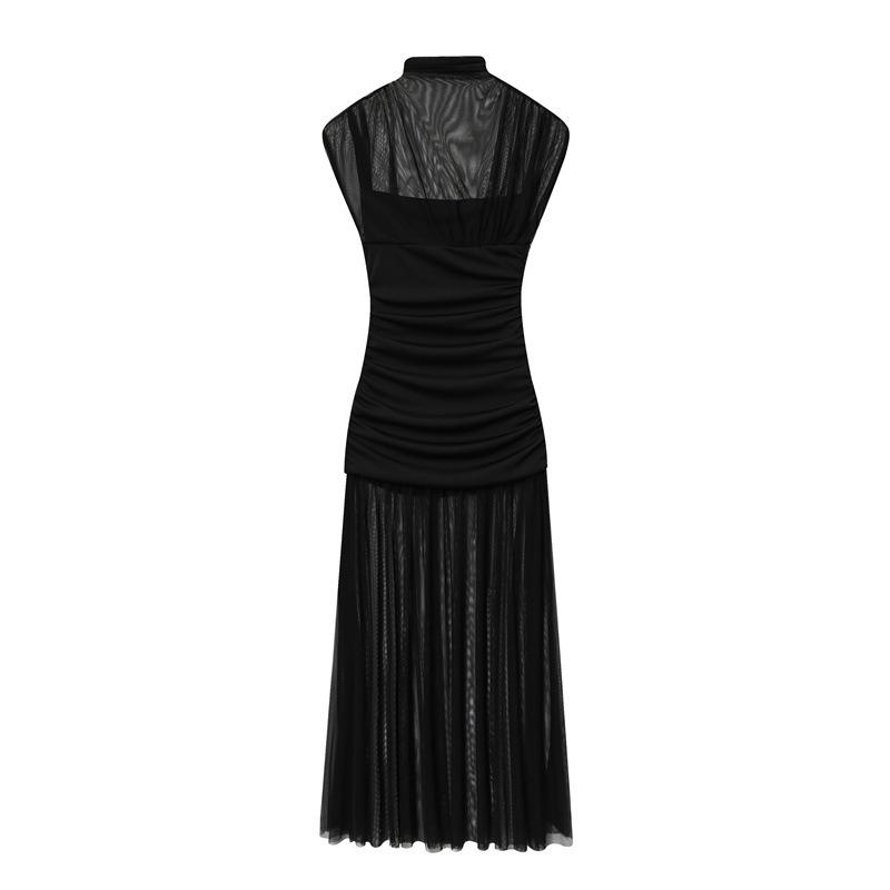

2025 Autumn Women s European American Fashion Slim Fit Silk Mesh Patchwork Dress Extra Small чорний