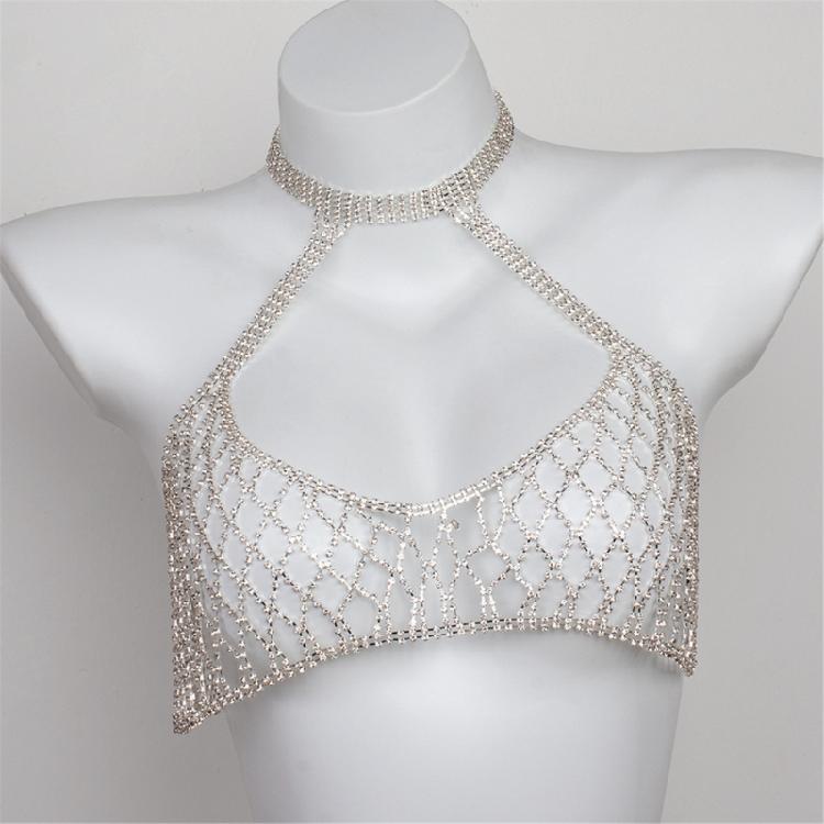 Eye Catching Mesh Body Chain With Glitters Rhinestones Backless Sleeveless Clubwear Suitable For Travel And Photo Props