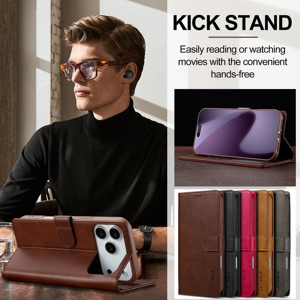 LC.IMEEKE Etui na iPhone 17 Pro Tekstura cielęcej skóry PU Skórzany stojak Portfel Pokrowiec na telefon