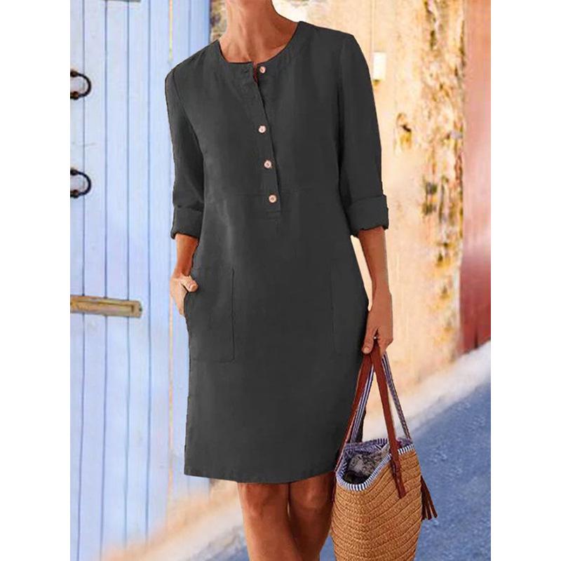 2024 Spring Women's Plus Size Long Sleeve Cotton Linen Round Neck Dress