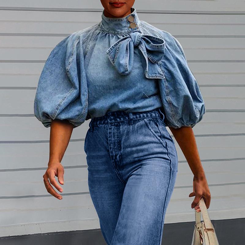 

Gradient Color Lightweight Five-Bubble Sleeve Denim Pullover M