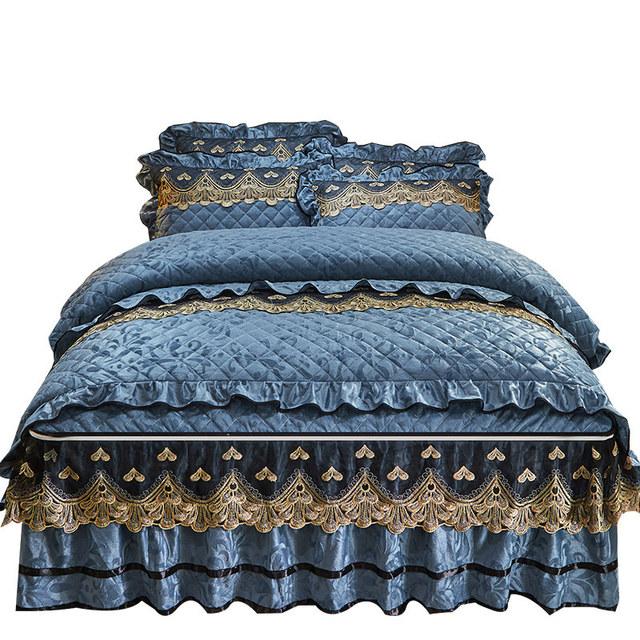 Quilted Velvet Duvet Cover Set Double Bed 220x240 King Size Embroidery Lace Luxury Quilt Cover Solid 2 Pillowcases Soft