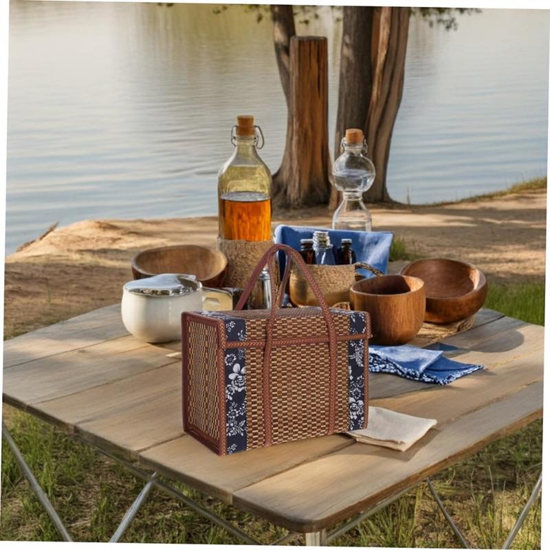 Folding Bamboo Woven Fruit Basket Handheld Handle Fruit Shopping Food Basket Picnic Food Storage Basket For Outdoor