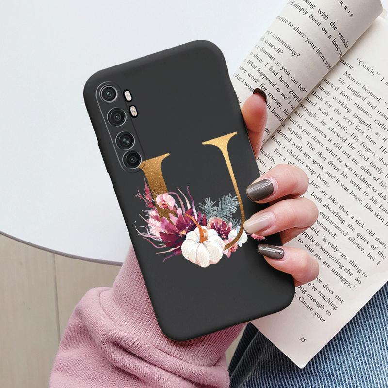 Letter Case For Xiaomi Mi Note 10 Lite Back Cover Retro Flowers Pink Black Soft TPU Initial Fundas For Xiaomi Note10 Lite Coque