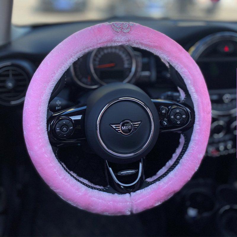 Classic Style Accessible Luxury Car Steering Wheel Cover South Korea Cute Fashion Goddess Steering Wheel Cover with Diamond Plush Steering Wheel Cover Pink Plush Camellia Steering Wheel Cover (Diamond)