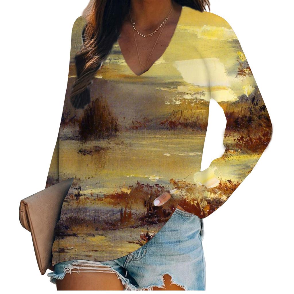 Spring and Autumn V-neck 3D Retro Ink Wash Floral Printed Top Fashionable Casual Long Sleeved Women's T-shirts