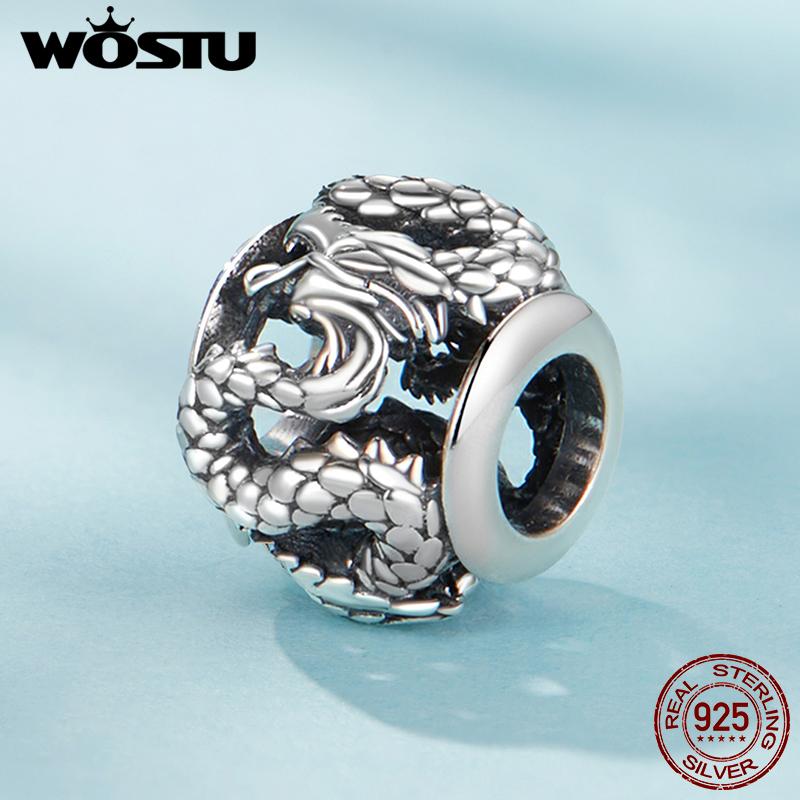 WOSTU Real 925 Vintage Silver Lion Crown Charm Flying Dragon Charm Phoenix Snake Bead Fit Bracelet DIY Jewelry Making