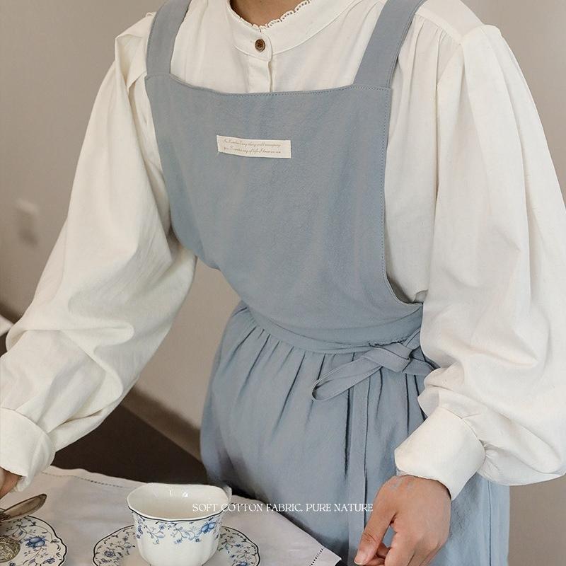 Korean Style Cotton Cafe Apron for Women/Men Nordic Kitchen Bib with Pockets, Unisex Waist Tie Adjustable Soft Breathable Fabric