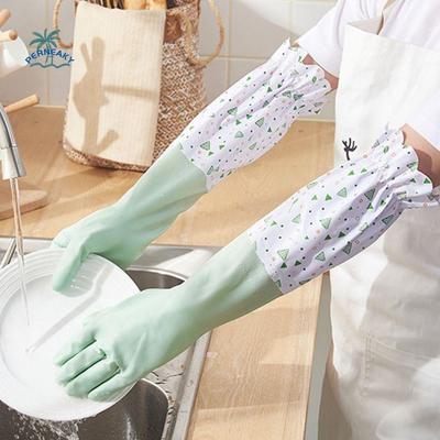 Latex Rubber Dish Washing Gloves Elastic Cuffs Waterproof Winter Cleaning Gloves Long Sleeve Velvet Housework Gloves