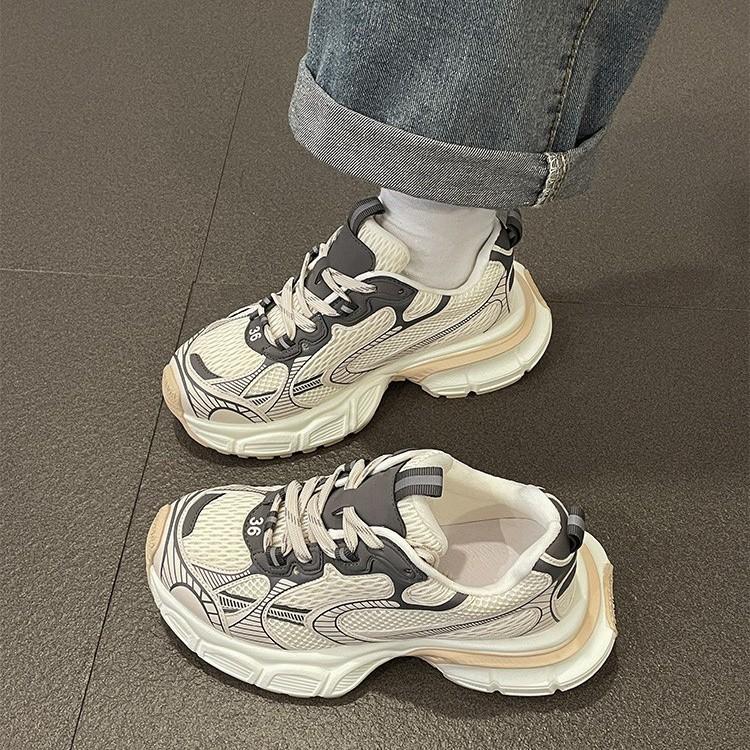 

2025 spring autumn slope heel Internet celebrity dad shoes women s platform heightening board shoes mesh breathable versatile casual fashion 35 кремовый