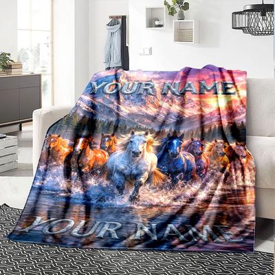 Name Custom Horses Print Flannel Blanket High Quality Warm Comfortable Cover for All Seasons Perfect for Gifts Home Decor