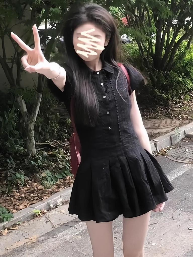 College Style Lapel Black Dress Women's 2026 New Models Are Particularly Beautiful, Waist Pinch Short Skirt, Early Summer Wear