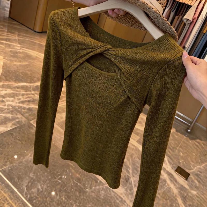 French Style Knitted Twist Cut-out Long Sleeve Pullover