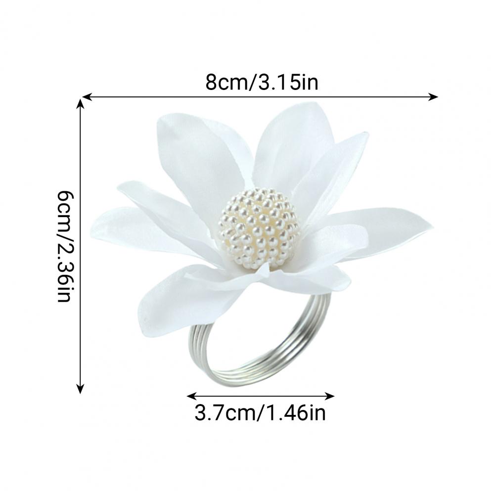 6Pcs White Lotus Napkin Rings, Chiffon Flower Metal Ring Holders, Faux Pearl Design For Wedding Bridal Shower Table Decor