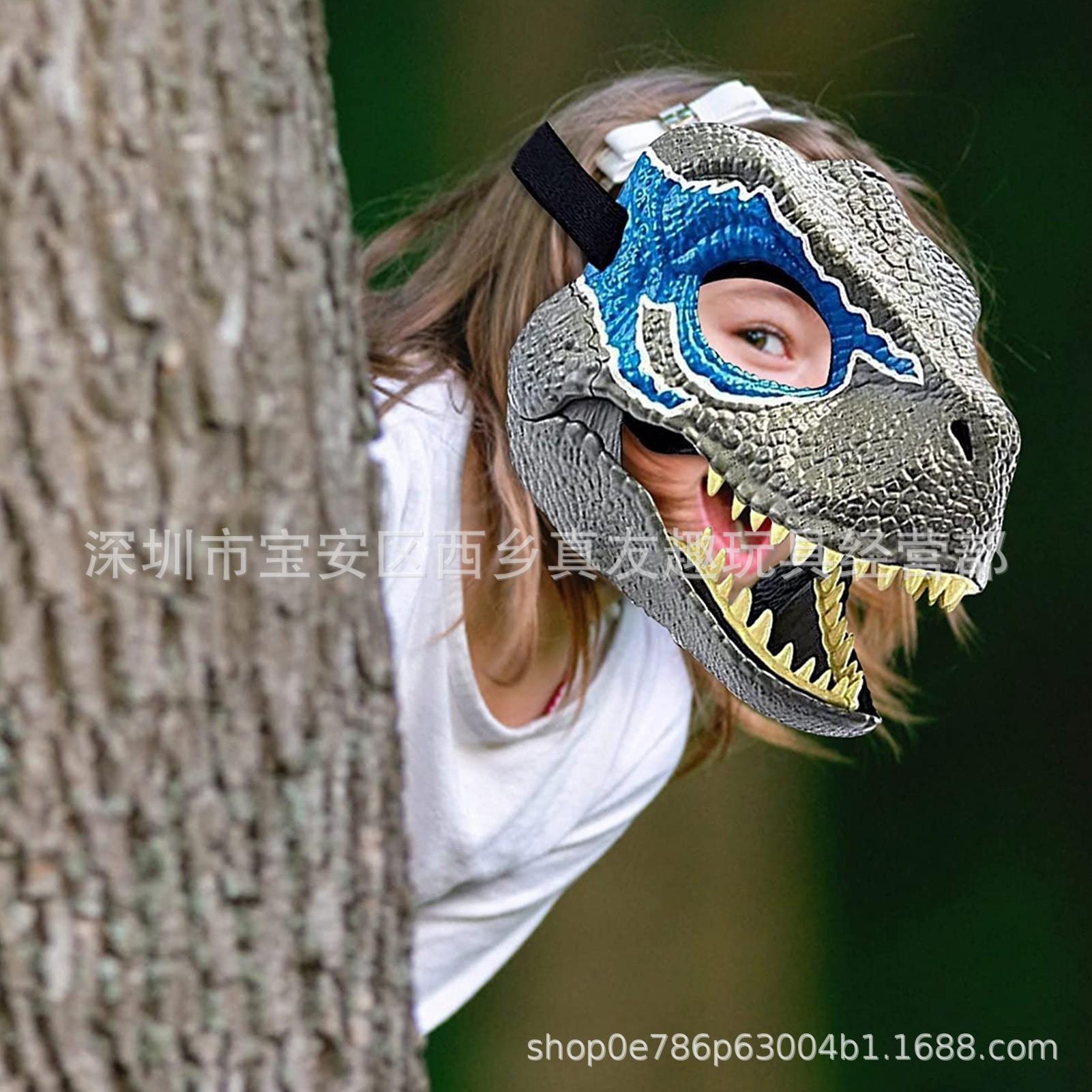 Dinosaur mask with movable mouth, Jurassic Tyrannosaurus rex dinosaur mask with movable mouth for chewing, Triceratops headgear, Velociraptor Blue movable dinosaur