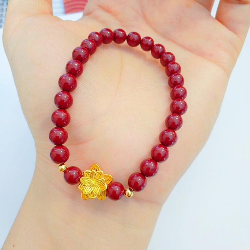 Позолоченный браслет из бусин Лотос, Киноварь, Сандал - Подарок, Буддийское искусство, Ювелирное изделие. 6mm Adjustable Elastic Rope