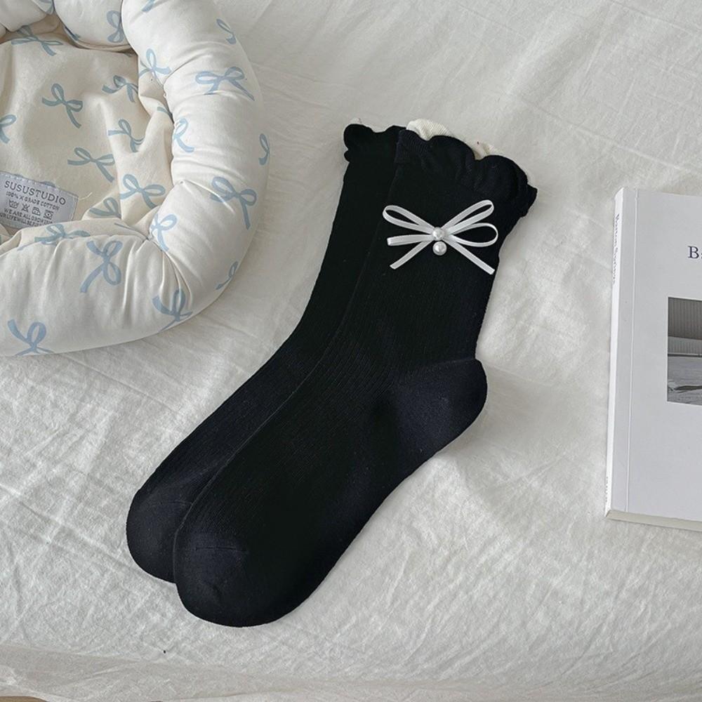 Cute Bow Socks Sweat Absorption Ruffle Socking New Mid Tube Socks  Spring and Autumn