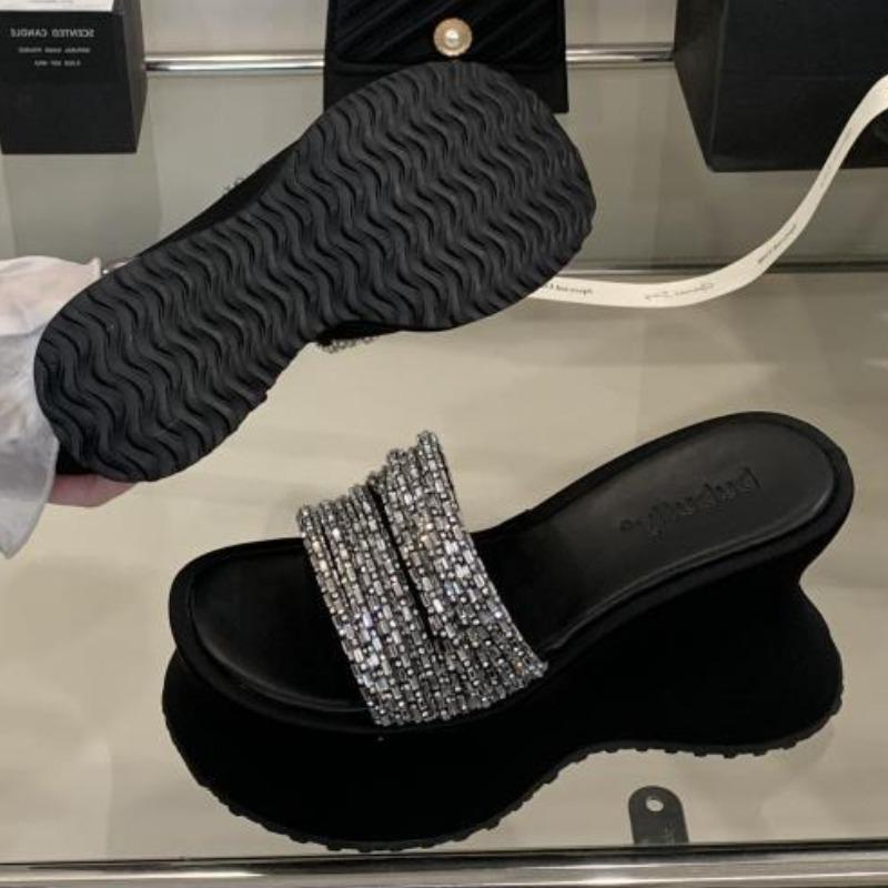 Fashion Sexy Leopard Print Platform Wedges Slipper for Woman Luxury Rhinestone Narrow Band Slide Sandals High Heels Party Designer Shoes