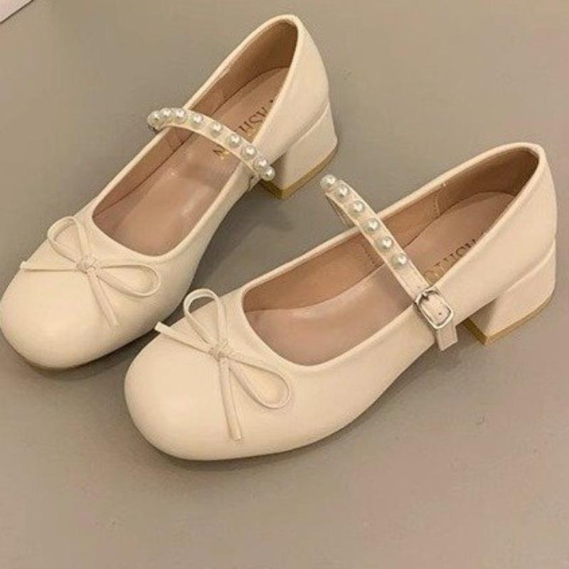 

Retro bow Mary Jane shoes women s autumn new versatile word with commuting thick heel single shoes women 40 белый
