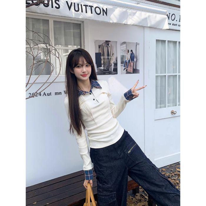 Korean Style Plaid Color Block Polo Collar Two-Piece Long-Sleeve Slim Fit Women's Petite Spring Top