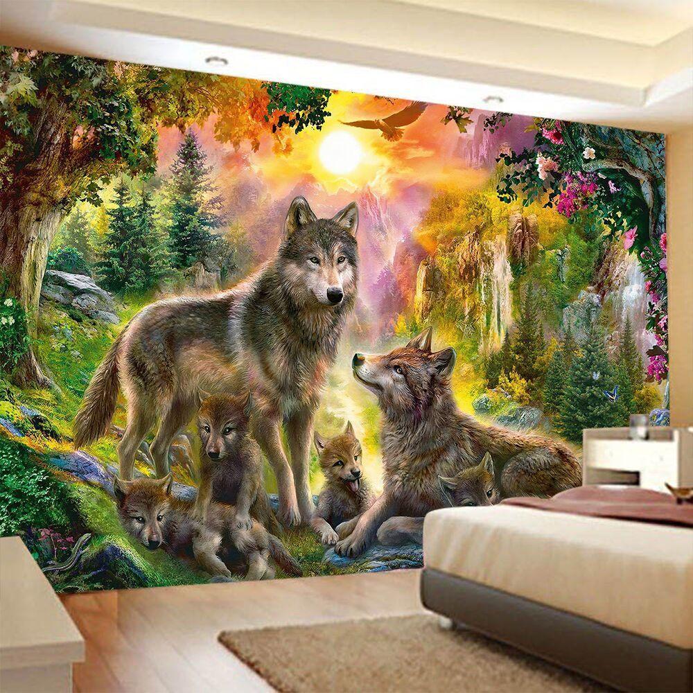 a wall tapestry depicting a wolf family 75x100