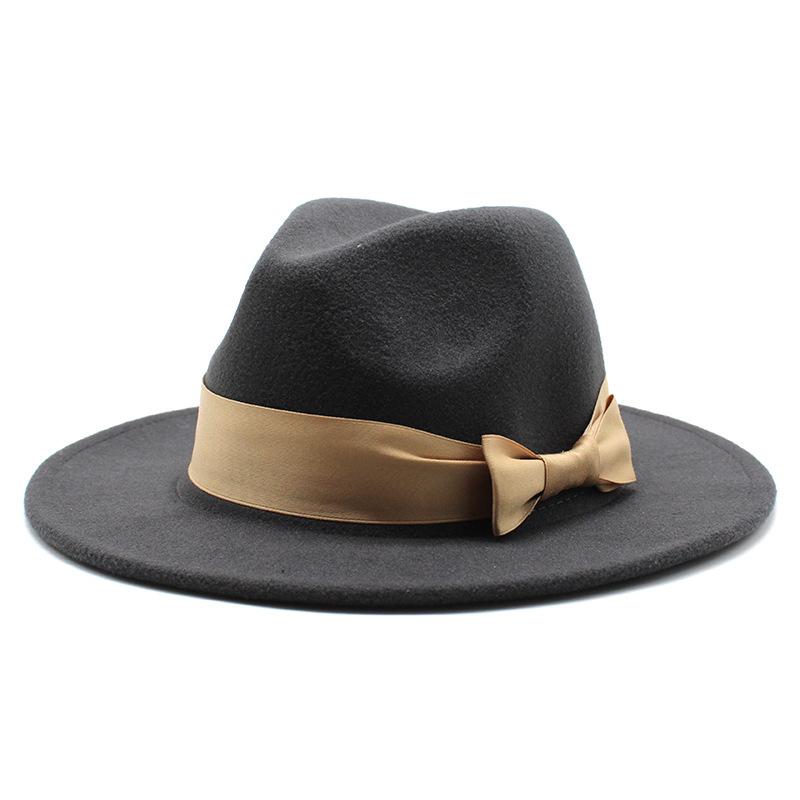 2020 Woolen Top Hat Men'S And Women'S Flat-Brimmed Big Eaves Hat Solid Color Versatile Bow Straight Edge Jazz Hat 22 Colors