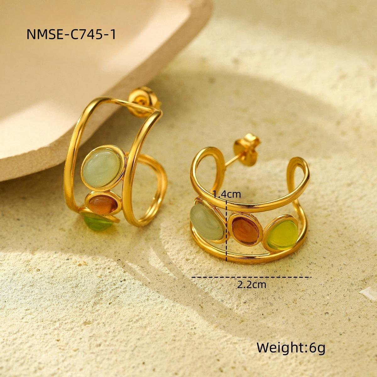 GEMCHIC Women s 18K Gold Plated Stainless Steel C-Shape Natural Stone Earrings Vintage Fashion Hoop Earrings