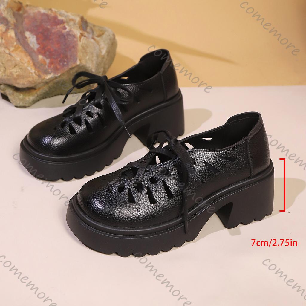 Fashion Comemore Women Pumps Summer New Breathable Soft Leather Hollow Out Single Shoes Female Casual High Heel Lace Up Shoes for Women