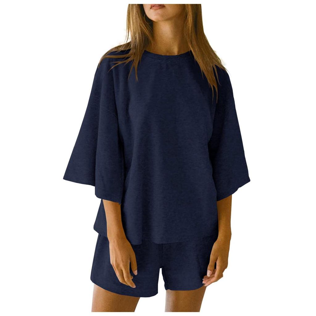 2025 Summer Women's 2-Piece Set: Seven-Sleeve Top & Elastic Waist Shorts
