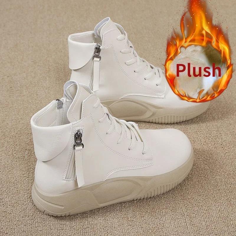 Women's Leather Round Toe Platform Sport Shoes Zipper Decorated Short Boots Color Walking Ankle Booties