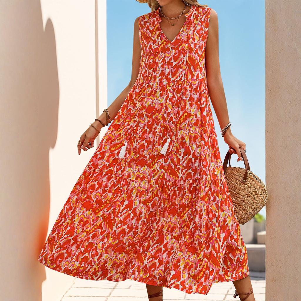 Abito da Donna Senza Maniche Casual Svasato A-line Midi Vestiti a Maglietta Con Tasche Girocollo Vacanza Boho Spiaggia Vestito Estivo