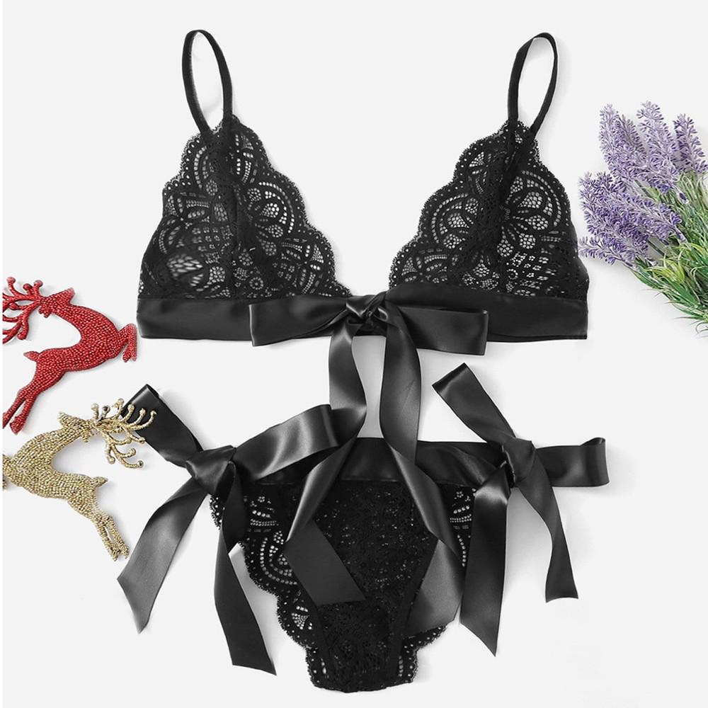 Women Bra Sexy Underpant Scalloped Trim Tie Side Lace Set Lingerie Bow Babydoll
