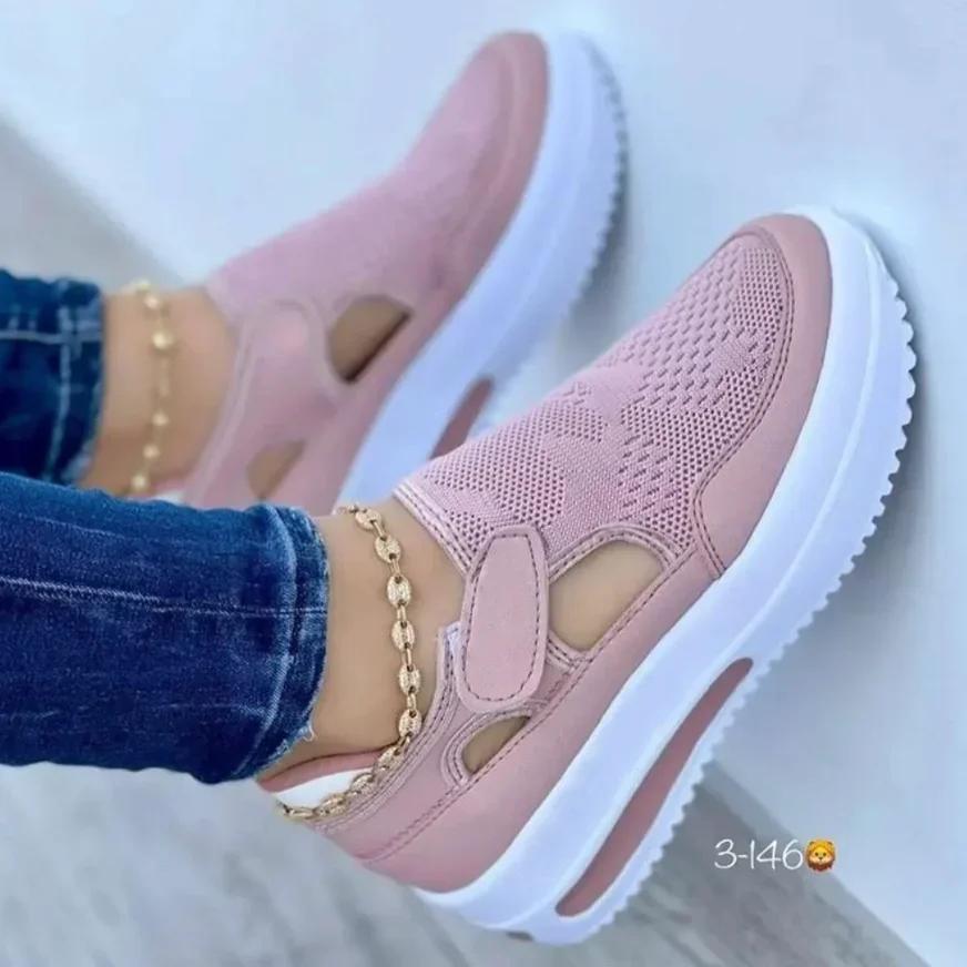 Fashion Large  Summer  Breathable Women's Casual Shoes with Thick Sole  Sloping Heel Hollowed Out Low Cut Women's Shoes  Sneakers