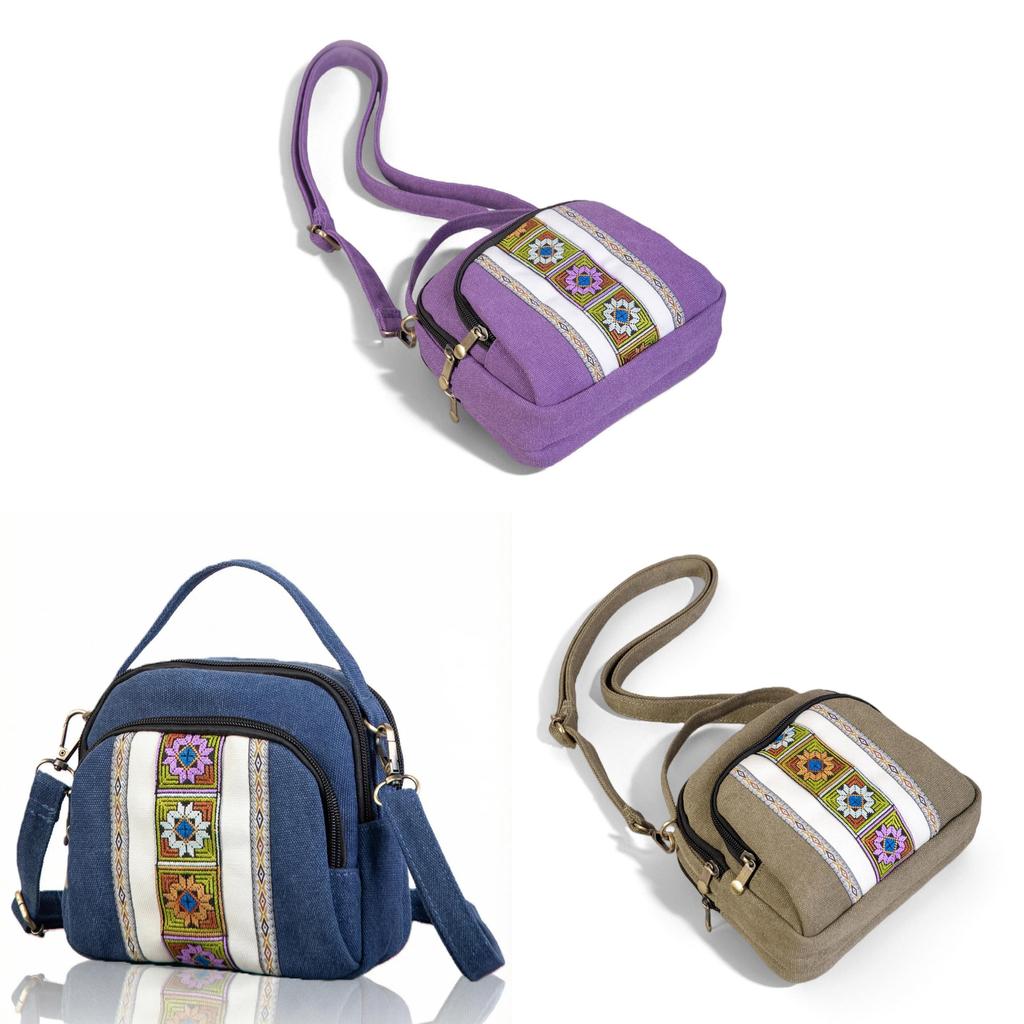 Ethnic Embroidery Canvas Crossbody Bag For Daily Use With Zipper Closure And Multiple Pockets