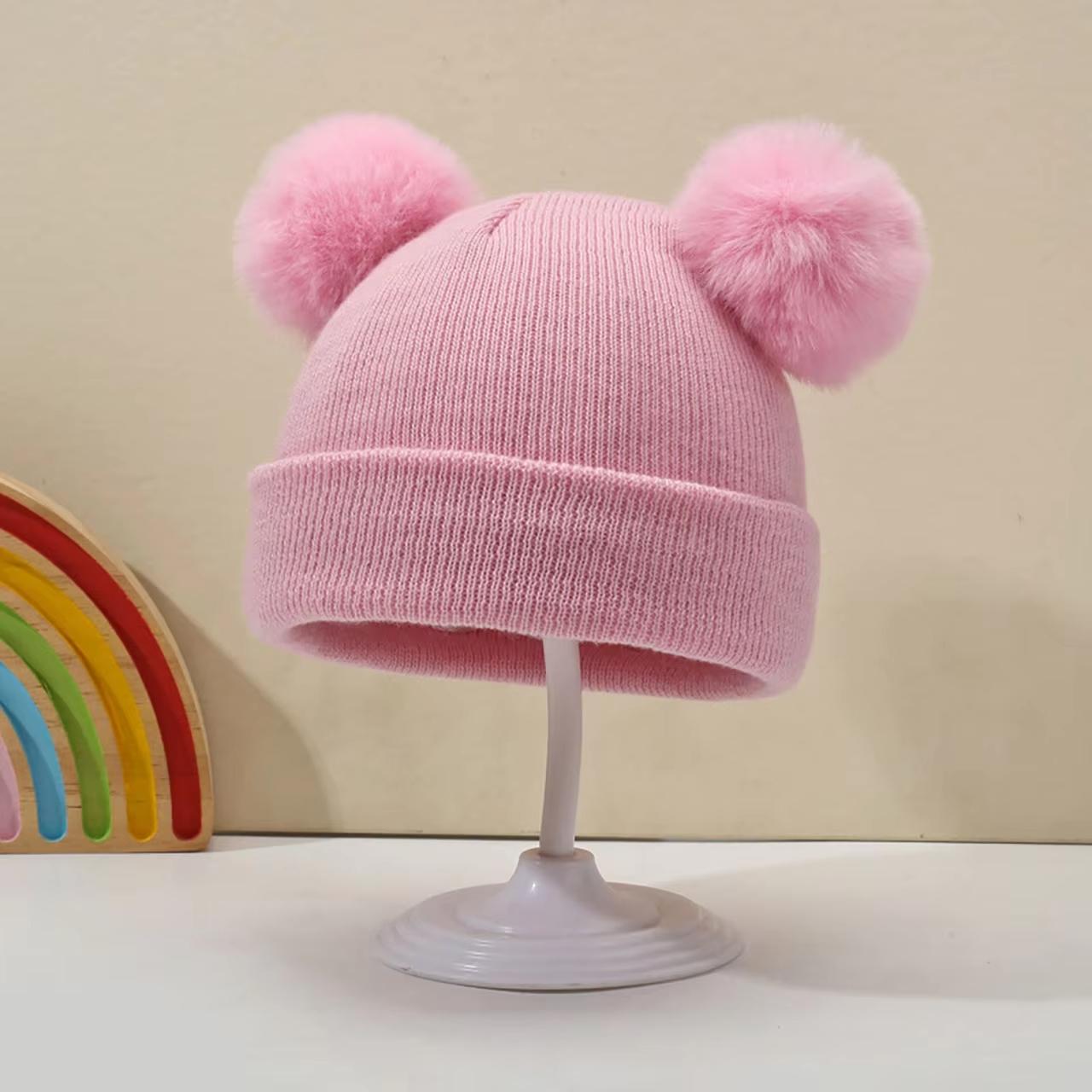 

Однотонная детская осенне-зимняя шапка, милая вязаная шапка-пуловер с двойными помпонами, ветрозащитная теплая шапочка для малышей, девочек, мальчиков розовый