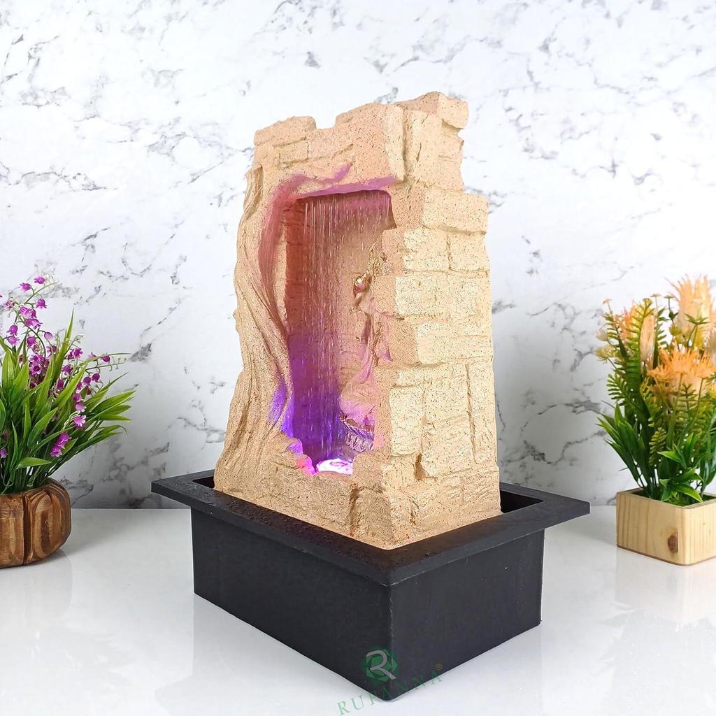 Stein Gufa Ganesha Tischbrunnen mit LED RGB Licht für Wohnkultur/Büro/Geschenk/Einweihungsgeschenk/Hochzeitsgeschenk (Beige Stone)
