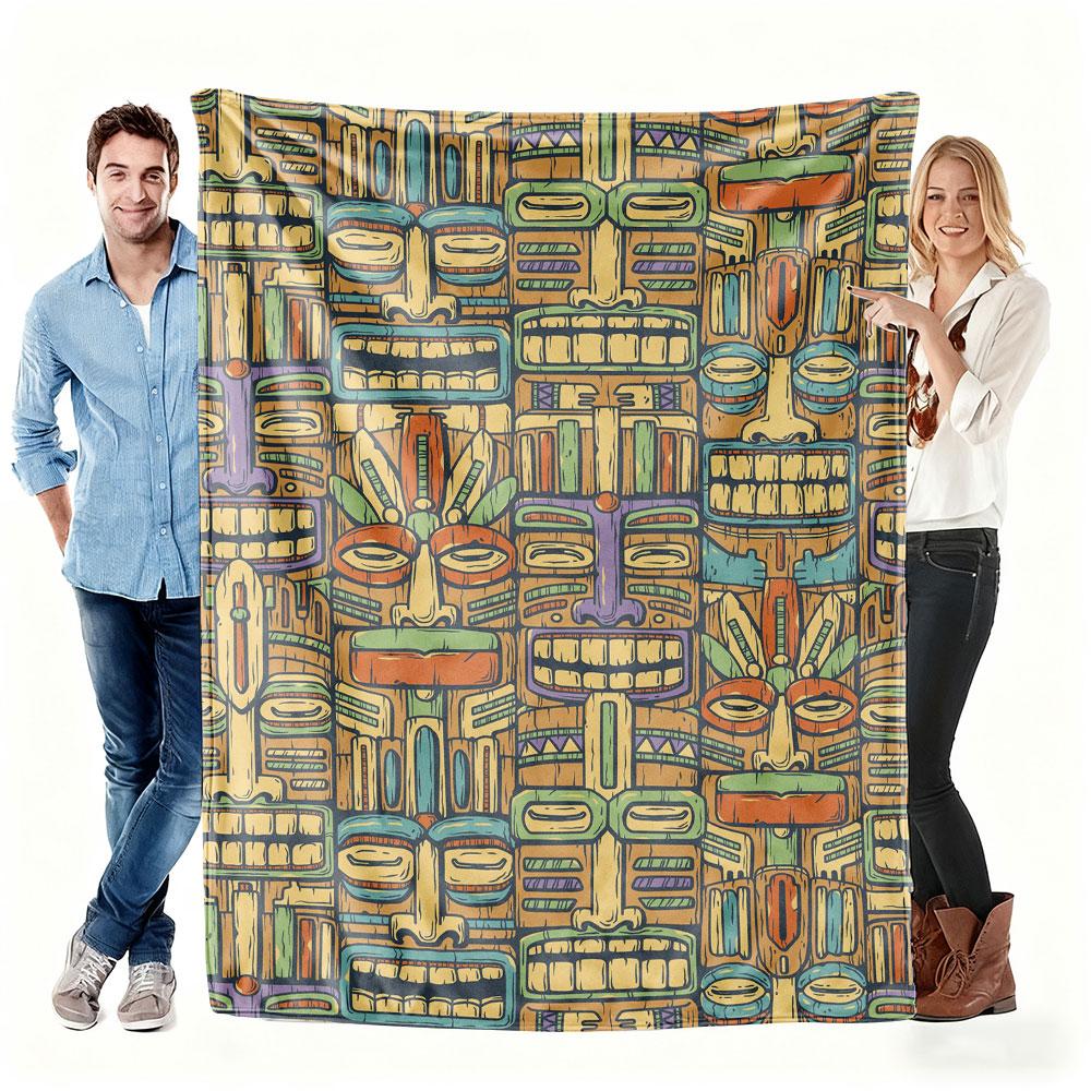 Tribal Tiki Mask Pattern Blanket Soft Flannel Throw Blanket For Bed Couch Bohemian Vintage Warm Cozy Blanket For All-Season