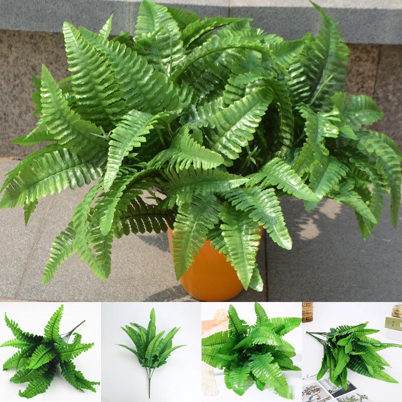 Persian Grass Fake Artificial Large Leaves Plant 7 Branches Green Decor Home