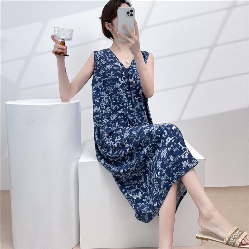 Cotton and silk sleeveless nightdress women's summer thin floral new super good-looking dress medium and long small fresh loungewear