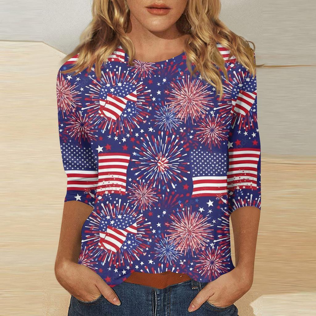Women's Independence Day Print Round Neck Seven-Eighths Sleeve Top