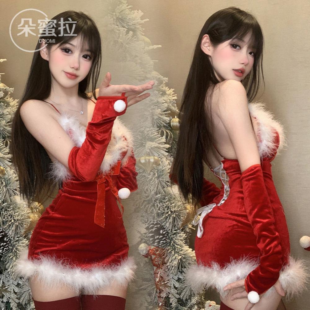 Domila Sexy Underwear Women's Sexy Plush Suspender Nightdress Short Skirt Christmas Dress Passion Free Uniform Set