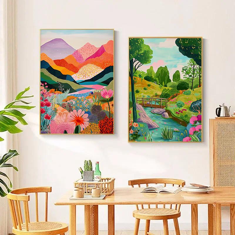 Abstract Colorful Floral Mountain Lake Nature Landscape Illustration Poster Wall Art Pictures Canvas Painting Home Dorm Decor