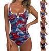 Women Swimsuit Tummy Control V Neck Flag Print Athletic Bathing Suit Push Up Retro Swimwear Leotard
