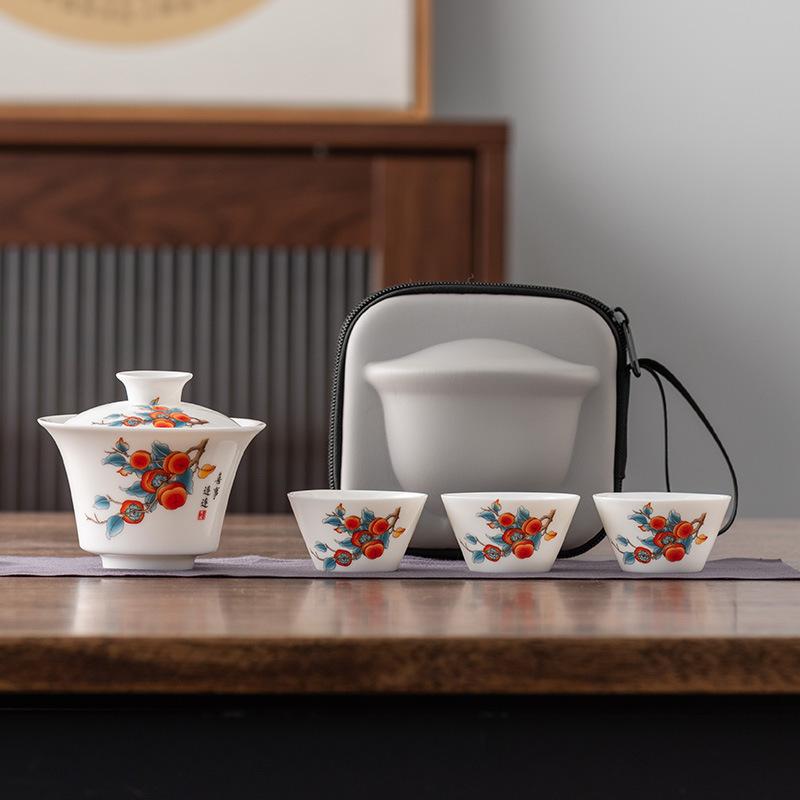 Travel Tea Set Cover Bowl Teacup Portable Express Cup Outdoor Kung Fu Tea Set Suet Jade White Porcelain Companion Gift