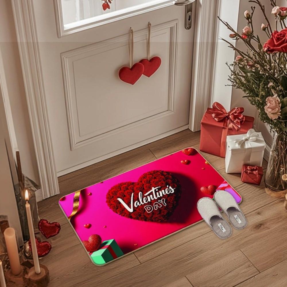 Soft Valentine Day Floor Mat Weaving Texture Rose Door Mat Romantic Heart Anti Slip Mat  Entryway